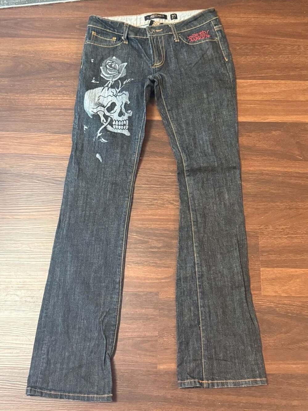Ed Hardy by Christian Audigier (W) Dark Wash Skull and Rose Graphic Jeans Y2K